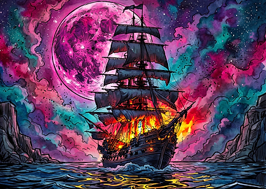 Burning Pirate Ship Under Cosmic Moon
