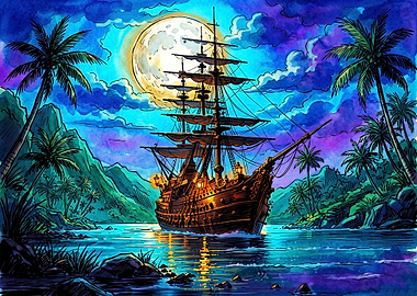 Galleon Sailing Under Full Moon