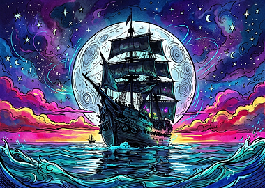 Galleon Sailing Under Giant Moon
