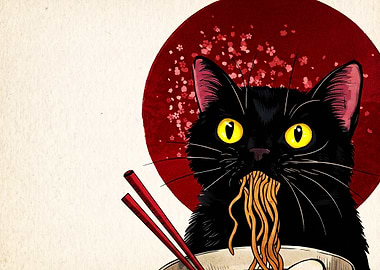 Black Cat Eating Ramen Illustration