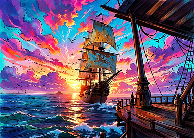 Vibrant Sunset Sailing Ship Scene