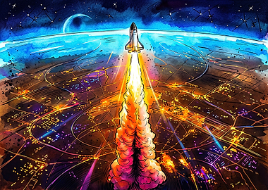 Space Shuttle Launching Over City