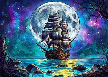 Sailing Ship Under Giant Moon