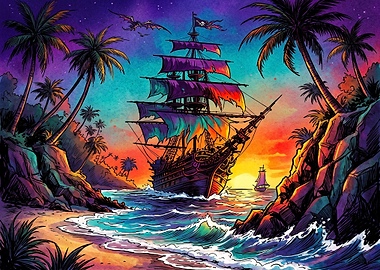 Vibrant Pirate Ship at Tropical Sunset