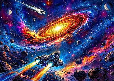 Spaceship Flying Through Vibrant Galaxy