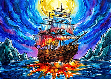 Watercolor Galleon Sailing Through Ice