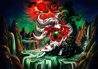 Okami Amaterasu at the Waterfall