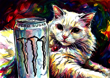 White Cat with Monster Energy Drink