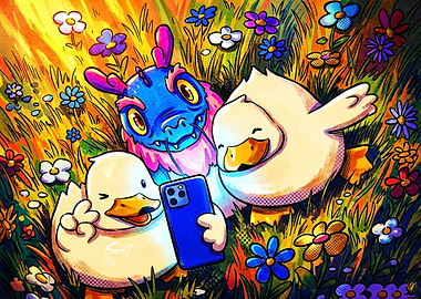 Cute Dragon and Ducks Taking Selfie