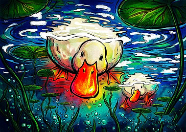 Vibrant Watercolor Ducks in Pond