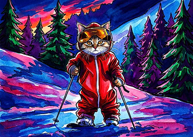 Cute Cat Skiing in Vibrant Winter