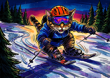 Adventurous Tabby Cat Skiing Downhill