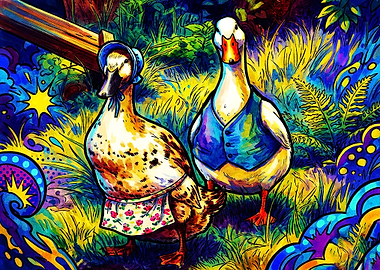 Whimsical Dressed Ducks in Vibrant Garden