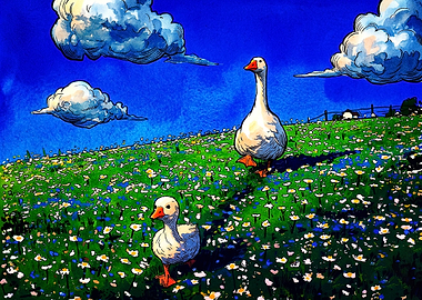 Geese walking through a flower meadow