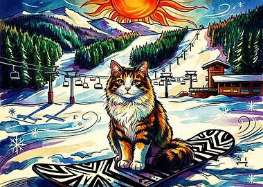 Cat Snowboarding on Snowy Mountain