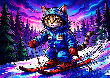 Skiing Tabby Cat in Neon Forest