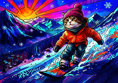 Cat Snowboarding in Vibrant Mountains