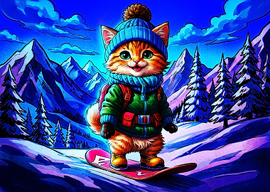 Cute Kitten Snowboarding in Mountains