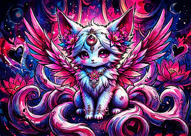 Magical Winged Kitsune Cat Illustration