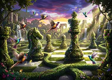 Enchanted Chess Garden with Wildlife