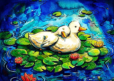 Two Cute Ducks Resting on Lilies