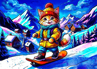 Cute Cat Snowboarding in Mountains