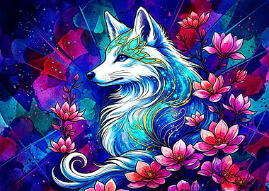 Mystical Fox with Pink Flowers