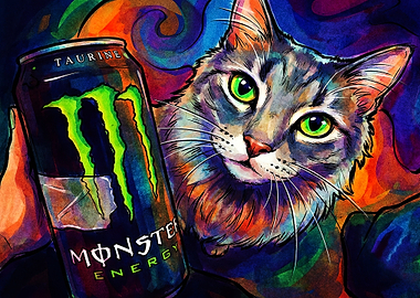 Colorful Cat Holding Monster Energy Drink