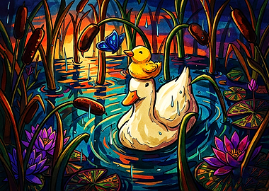 Duck and Duckling in Pond
