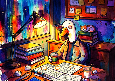 Tired Duck Engineer Working Late