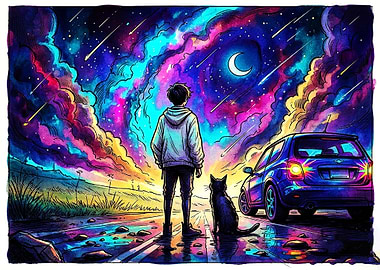 Boy and Cat Under Cosmic Sky