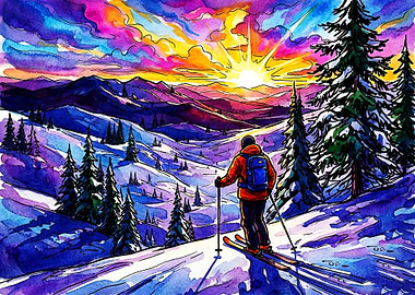 Skier at Sunset Mountain Landscape