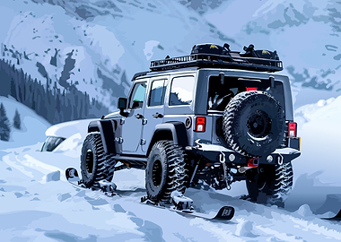 Jeep Wrangler on Skis in Snow