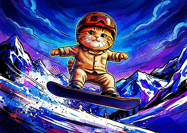 Cute Cat Snowboarding on Mountains