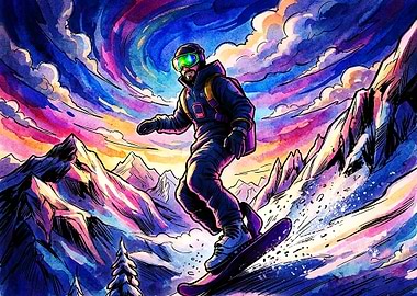 Vibrant Watercolor Snowboarder in Mountains
