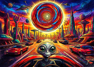 Alien Driving Through Psychedelic Space City