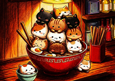 Cute Cats in a Ramen Bowl