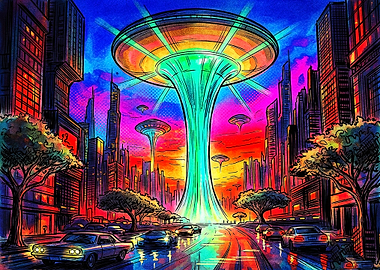 Neon Alien Invasion Over Cityscape