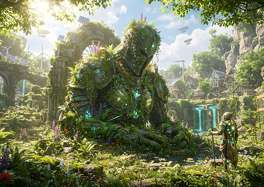 Ancient Guardian in Lush Fantasy Garden