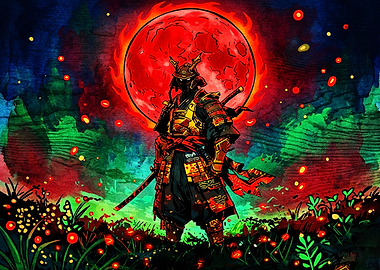 Samurai Warrior Under Red Moon