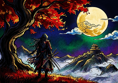 Samurai Warrior Under Full Moon