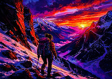 Hiker Exploring Vibrant Mountain Sunset