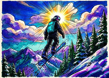 Vibrant Watercolor Snowboarder in Mountains