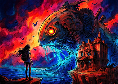 Girl Facing a Mechanical Sea Monster