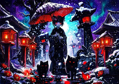 Anime Girl with Cats in Snow