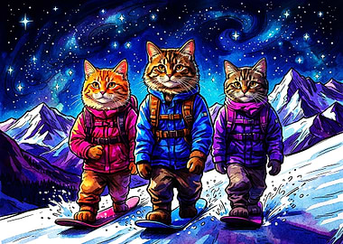 Cats Snowboarding Under Starry Night Sky
