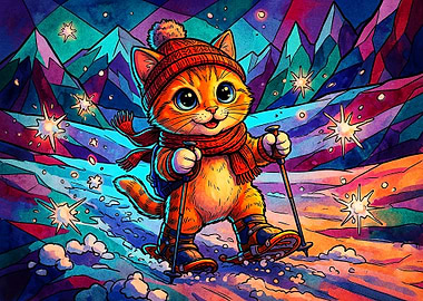 Cute Kitten Snowshoeing in Mountains