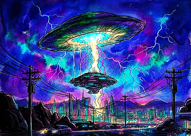 UFO Invasion Over Neon City