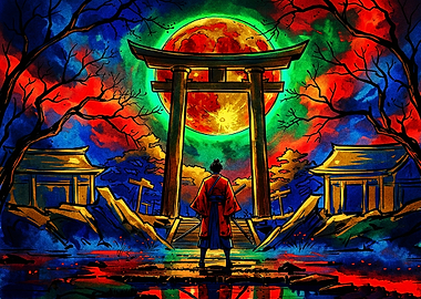Samurai Standing Before Torii Gate