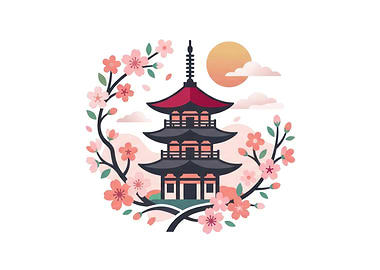 Japanese Pagoda with Cherry Blossoms